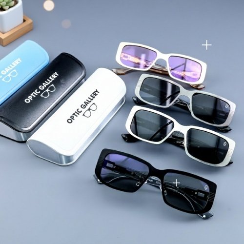 Aura Frame Full Rim Metal Rectangular Sunglasses – Elegant Everyday Shades (Black, Grey, Rose)