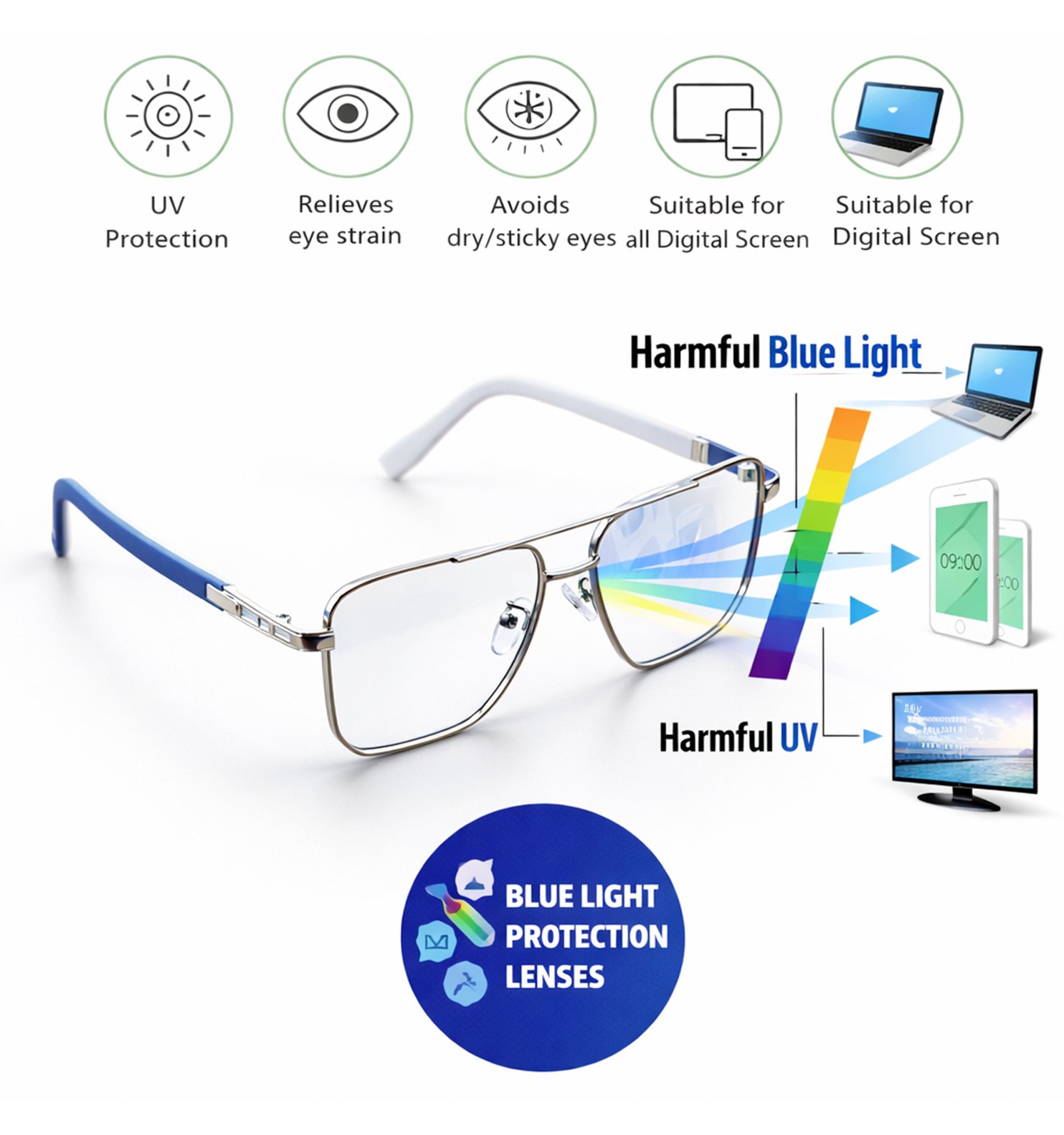 Blue Block Photochromic Metal Rim Eyeglasses – Pre-Fitted Blue Light & Photochromic Lenses (Black, Golden, Gunmetal, Silver)