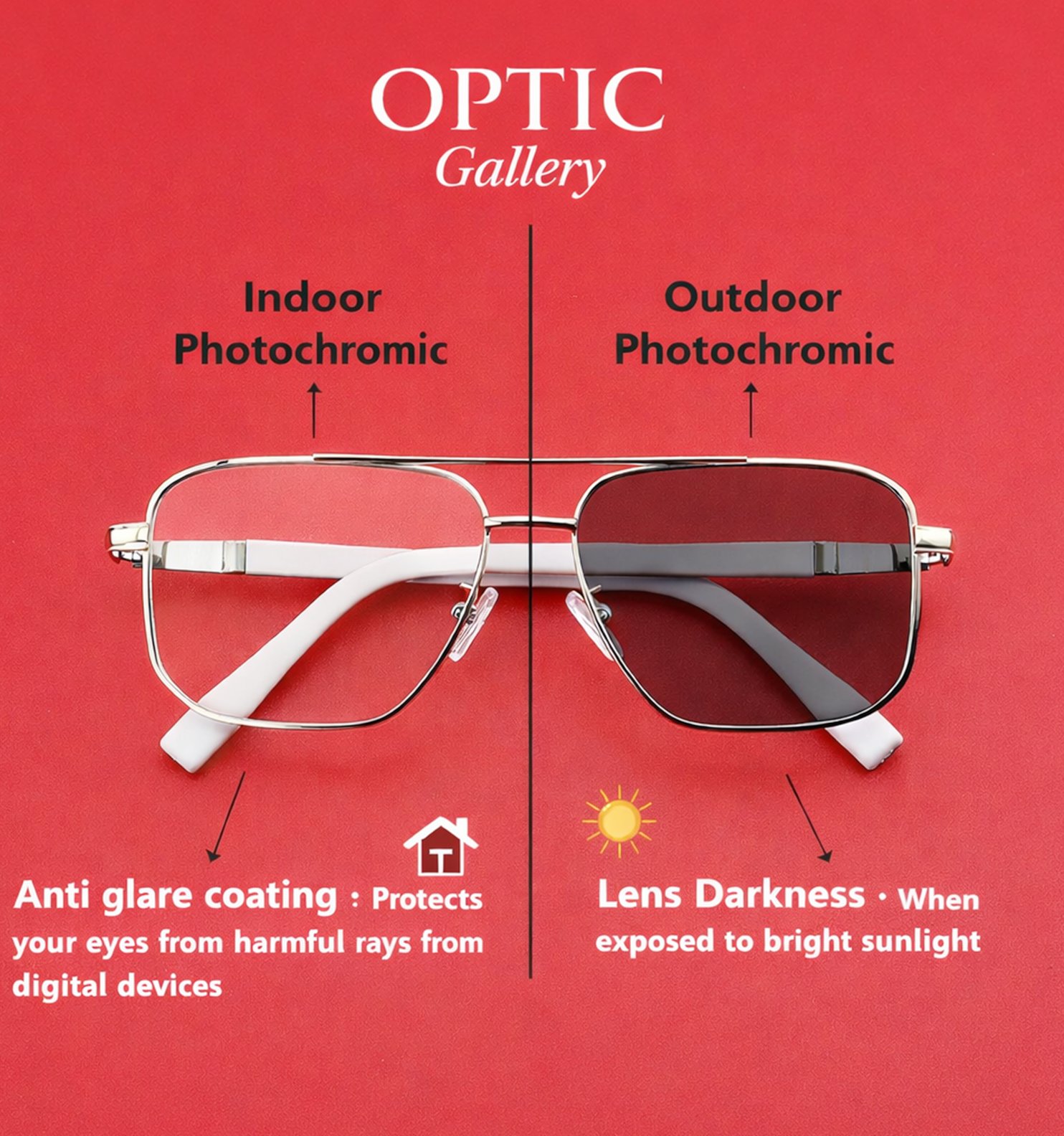 Blue Block Photochromic Metal Rim Eyeglasses – Pre-Fitted Blue Light & Photochromic Lenses (Black, Golden, Gunmetal, Silver)