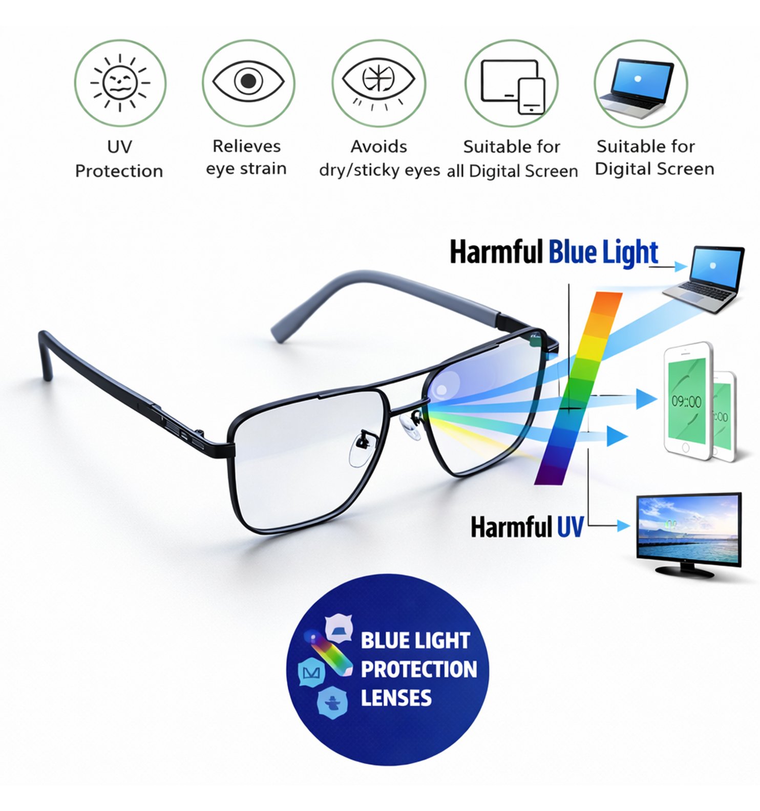 Blue Block Photochromic Metal Rim Eyeglasses – Pre-Fitted Blue Light & Photochromic Lenses (Black, Golden, Gunmetal, Silver)