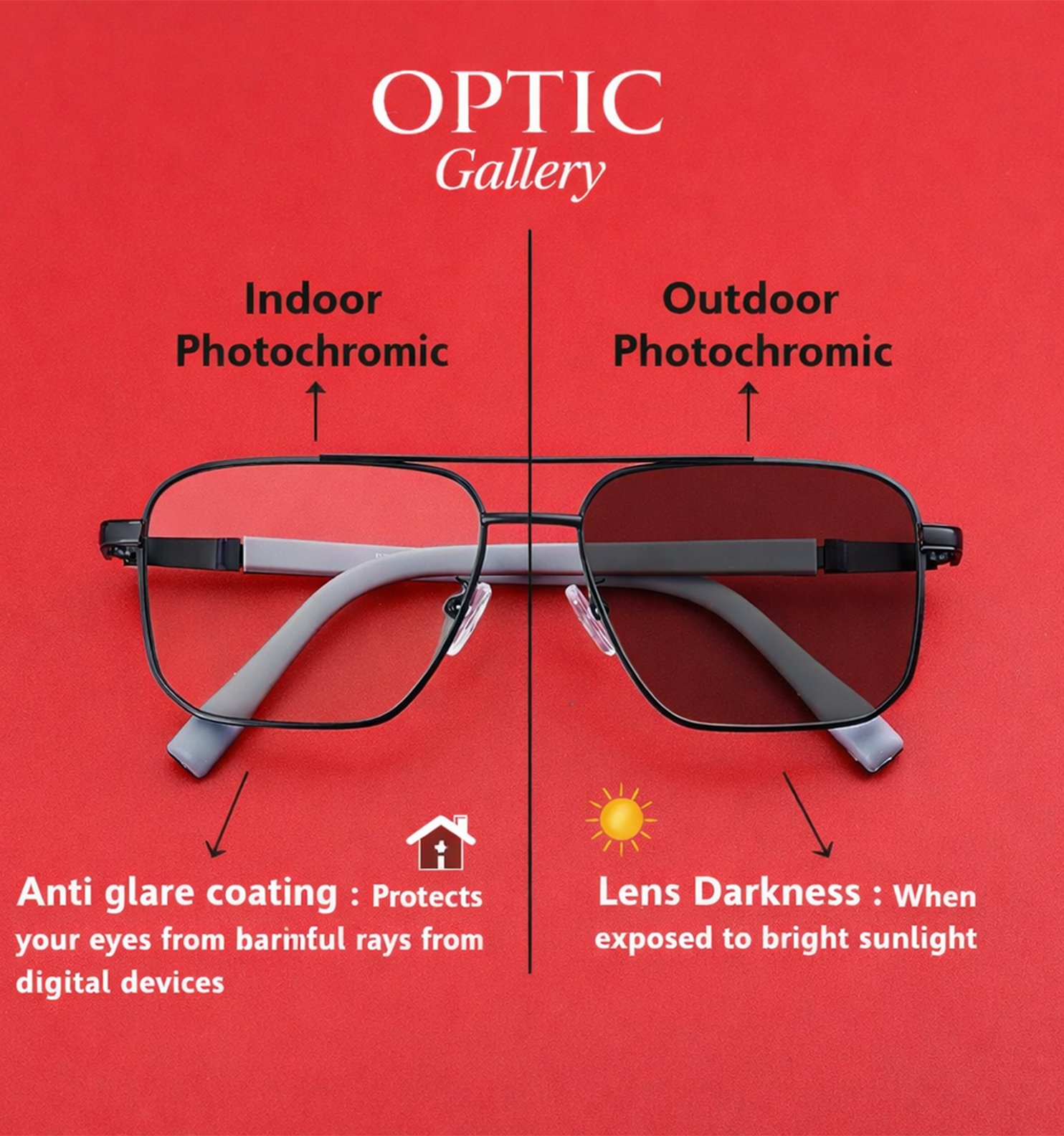 Blue Block Photochromic Metal Rim Eyeglasses – Pre-Fitted Blue Light & Photochromic Lenses (Black, Golden, Gunmetal, Silver)