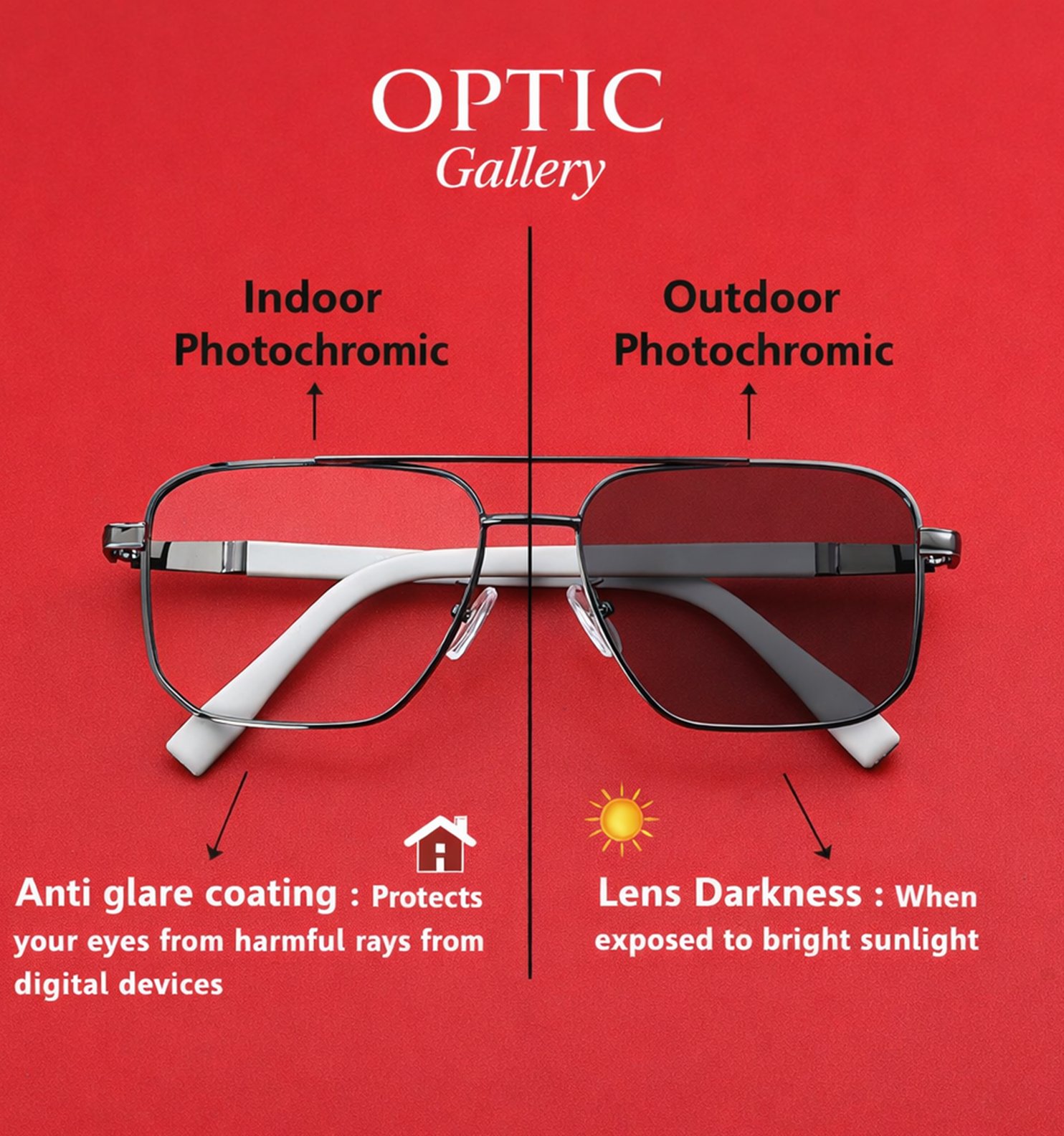 Blue Block Photochromic Metal Rim Eyeglasses – Pre-Fitted Blue Light & Photochromic Lenses (Black, Golden, Gunmetal, Silver)