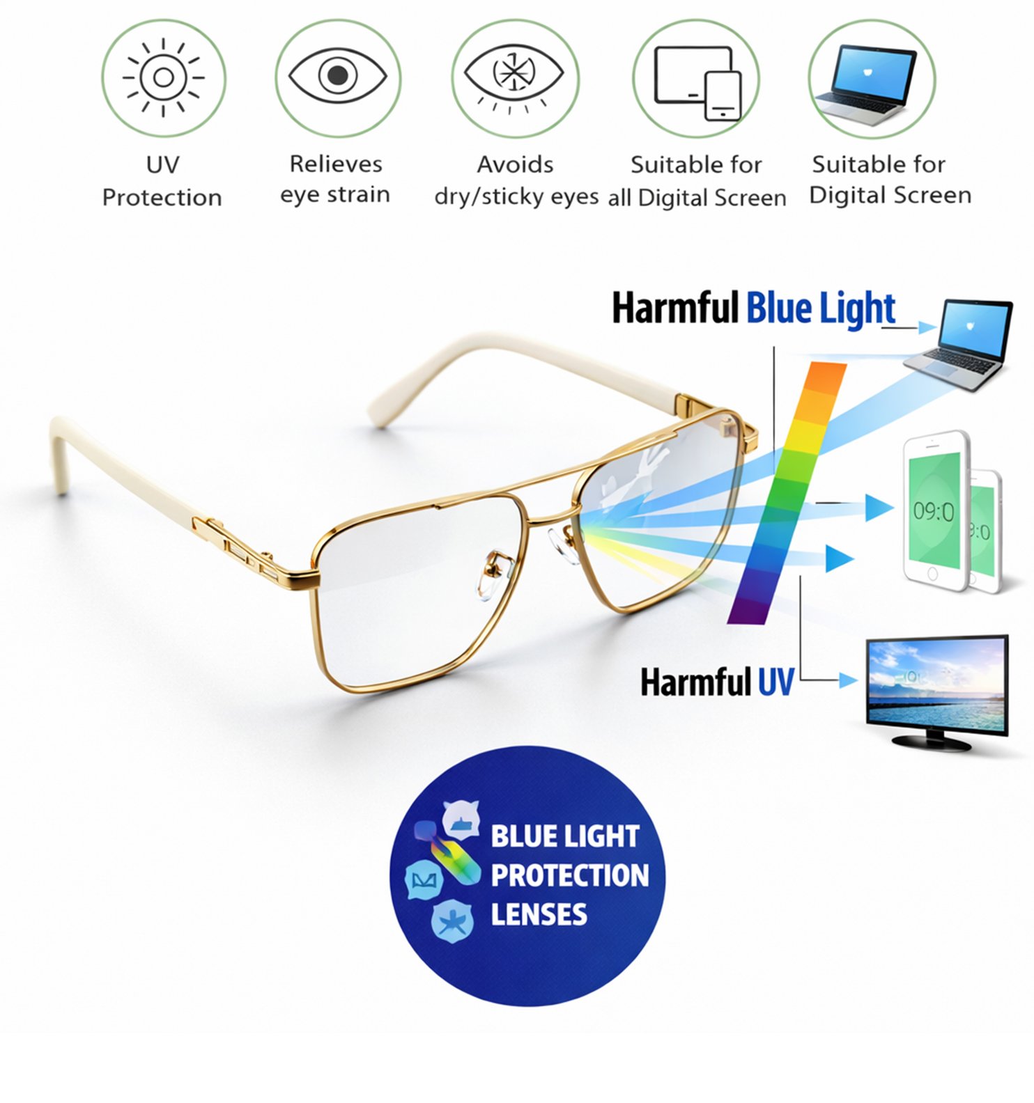 Blue Block Photochromic Metal Rim Eyeglasses – Pre-Fitted Blue Light & Photochromic Lenses (Black, Golden, Gunmetal, Silver)