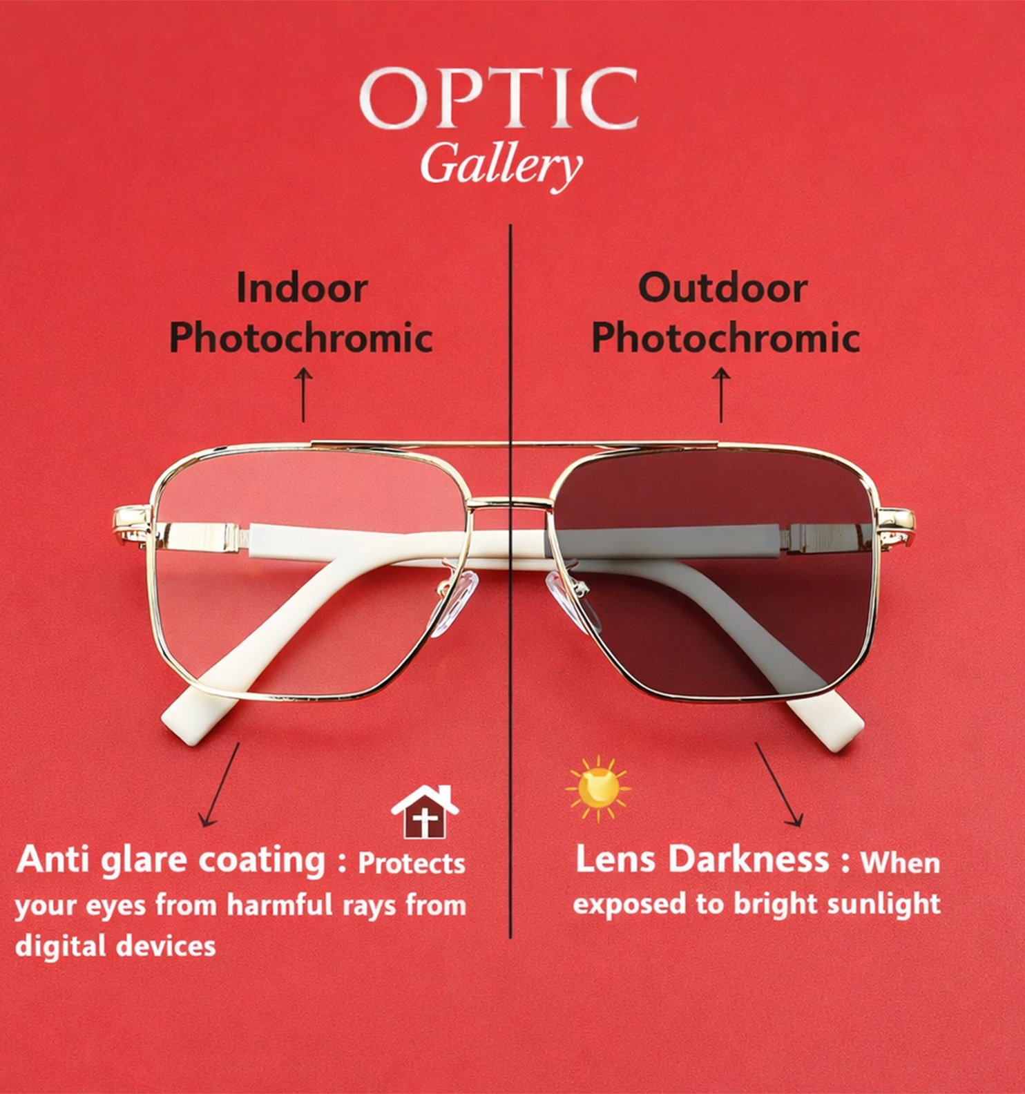 Blue Block Photochromic Metal Rim Eyeglasses – Pre-Fitted Blue Light & Photochromic Lenses (Black, Golden, Gunmetal, Silver)