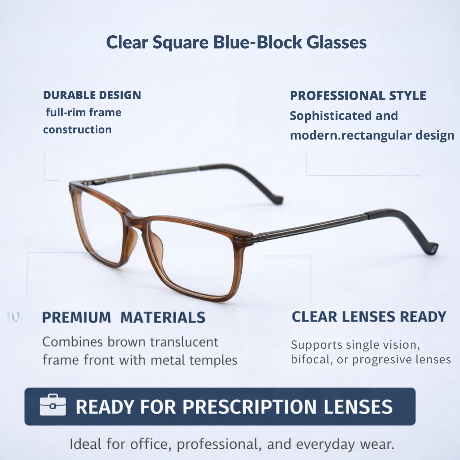 Clear Square Blue-Block Glasses for Men & Women | Lightweight Square Frame | Anti Blue Light Computer & Office Eyewear