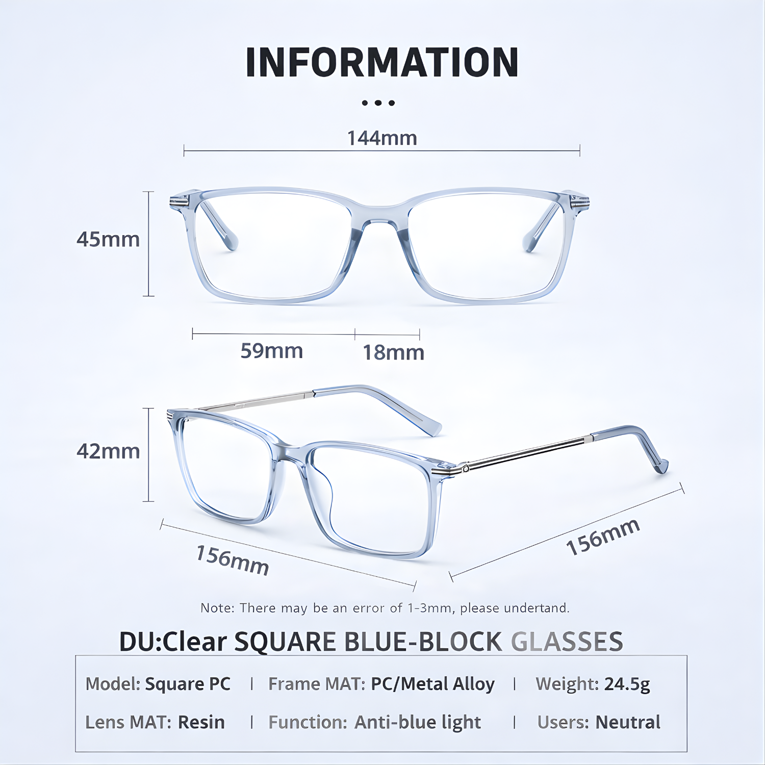 Clear Square Blue-Block Glasses for Men & Women | Lightweight Square Frame | Anti Blue Light Computer & Office Eyewear