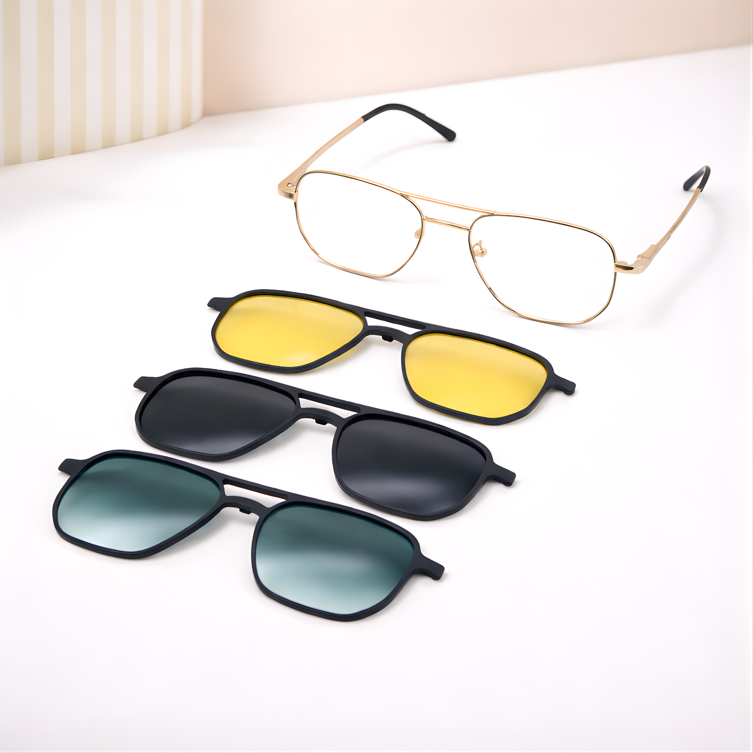 Clip-On Full Rim Metal Eyeglasses – Multi-Colour Combo Set (Yellow, Green, Black, Transparent)