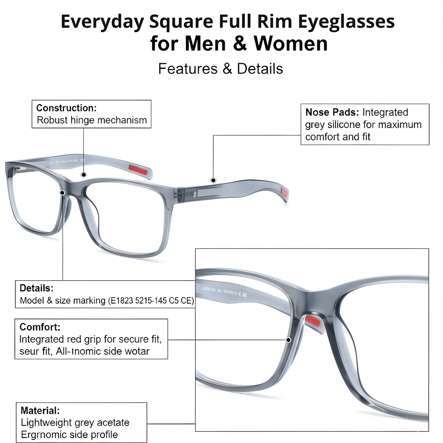 Everyday Square Full Rim Eyeglasses for Men & Women – Blue & Grey Lightweight Frame