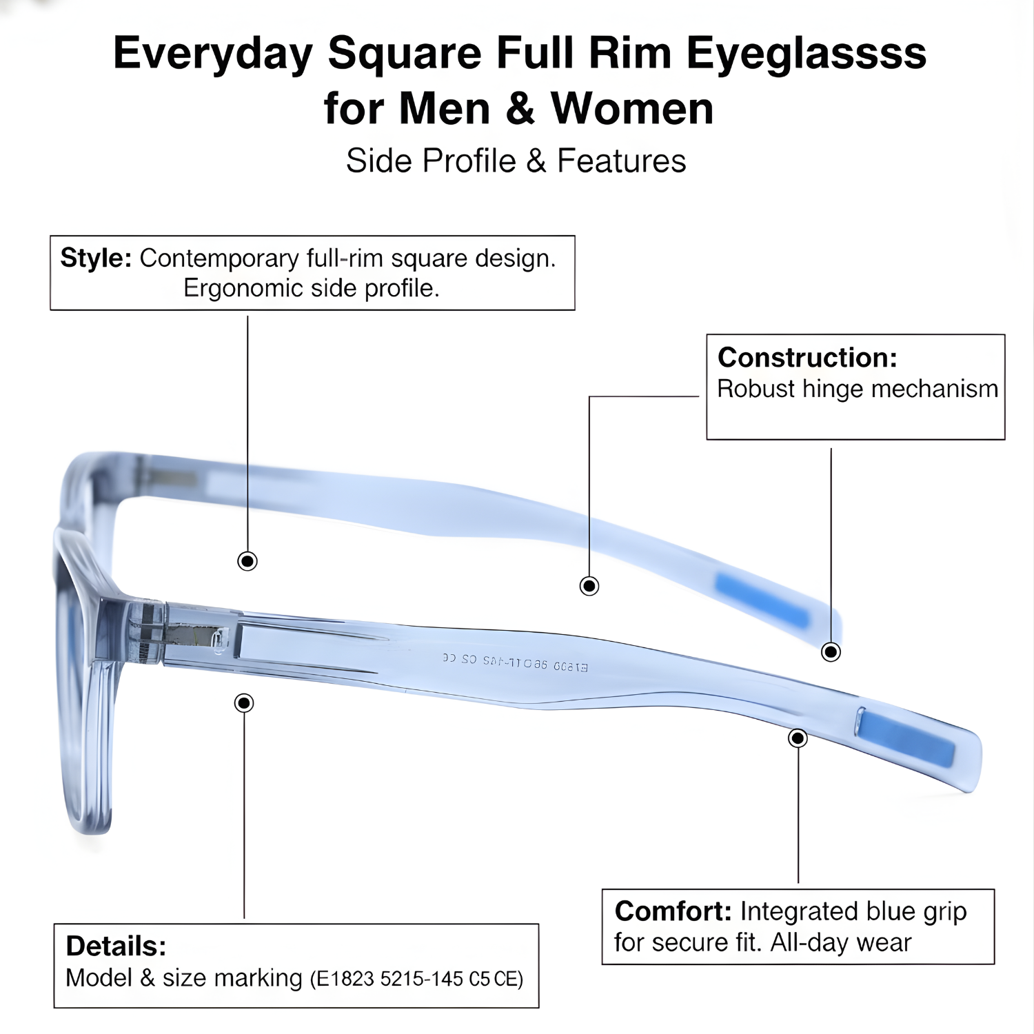 Everyday Square Full Rim Eyeglasses for Men & Women – Blue & Grey Lightweight Frame