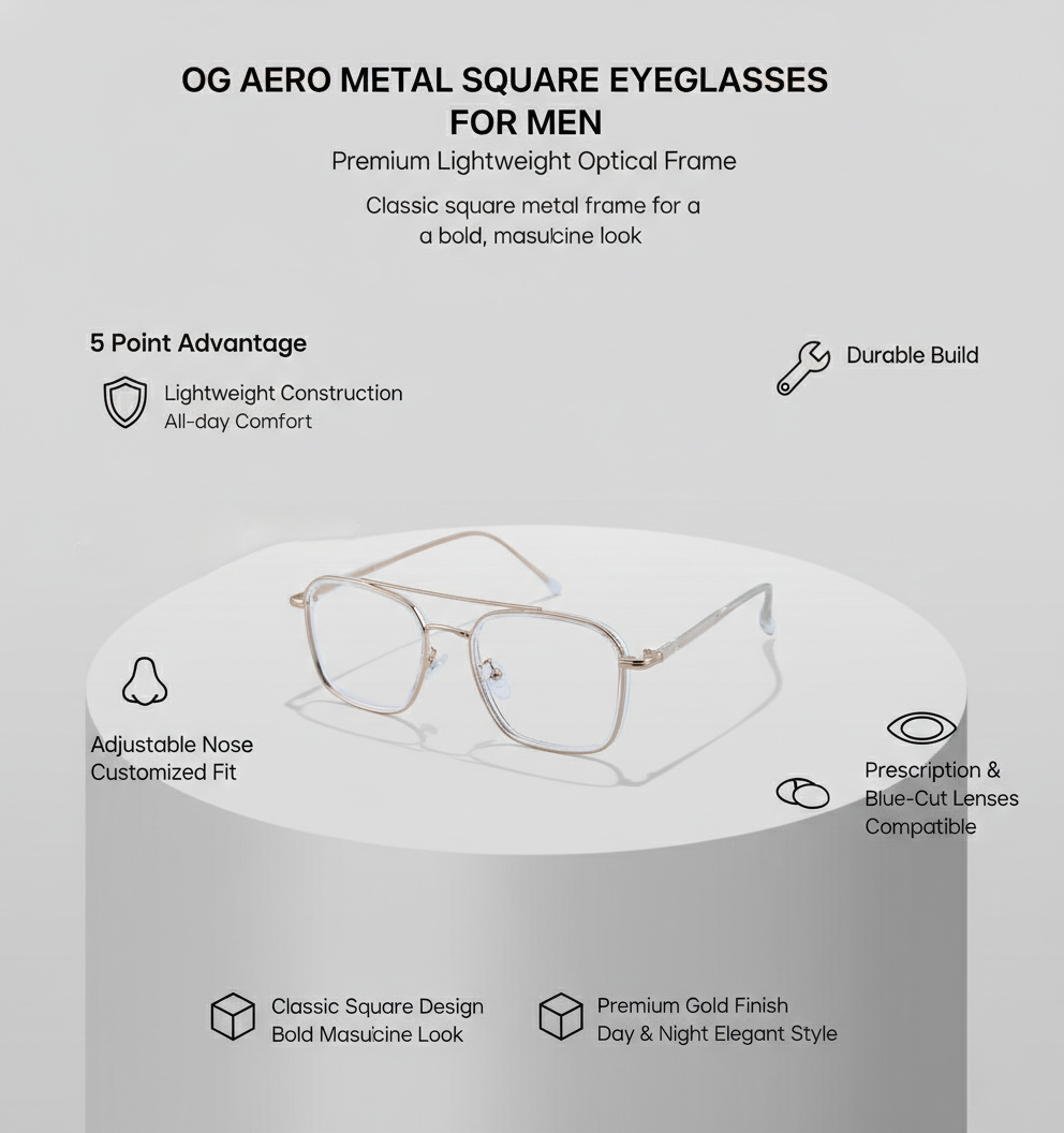 OG Aero Metal Square Eyeglasses for Men | Premium Lightweight Optical Frame