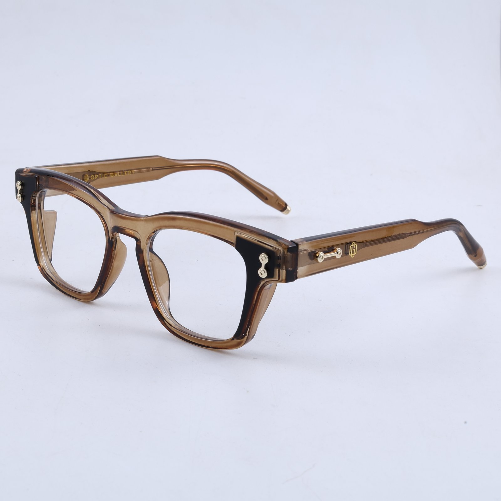OG Amber Dynasty | Luxury Crystal Champagne Square Eyeglasses with Royal Gold Signature Temples