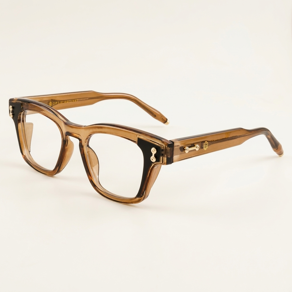 OG Amber Dynasty | Luxury Crystal Champagne Square Eyeglasses with Royal Gold Signature Temples