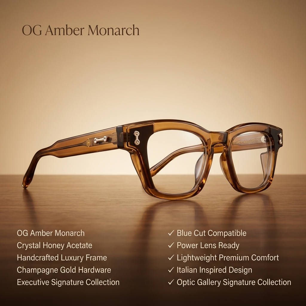 OG Amber Dynasty | Luxury Crystal Champagne Square Eyeglasses with Royal Gold Signature Temples