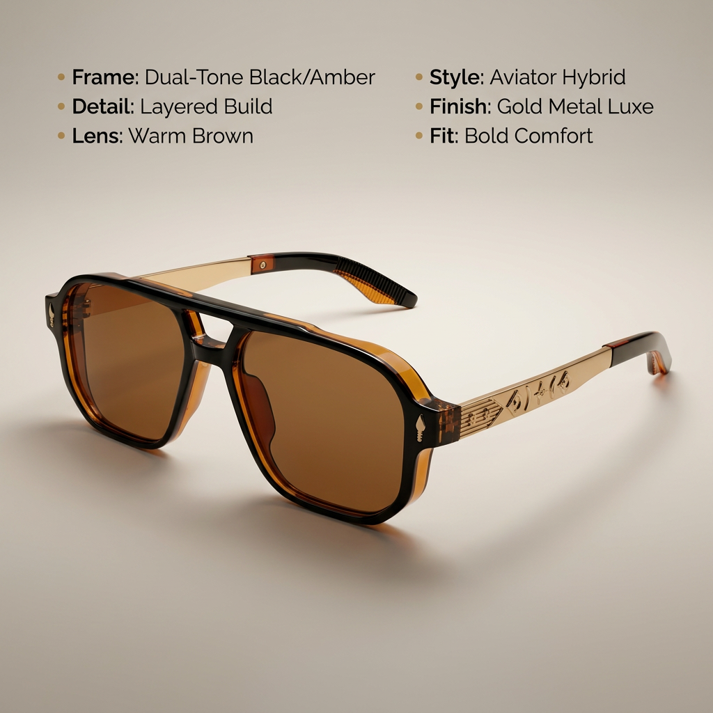OG Amber Navigator Luxe | Black & Translucent Amber Pilot Frame with Gold Signature Temples