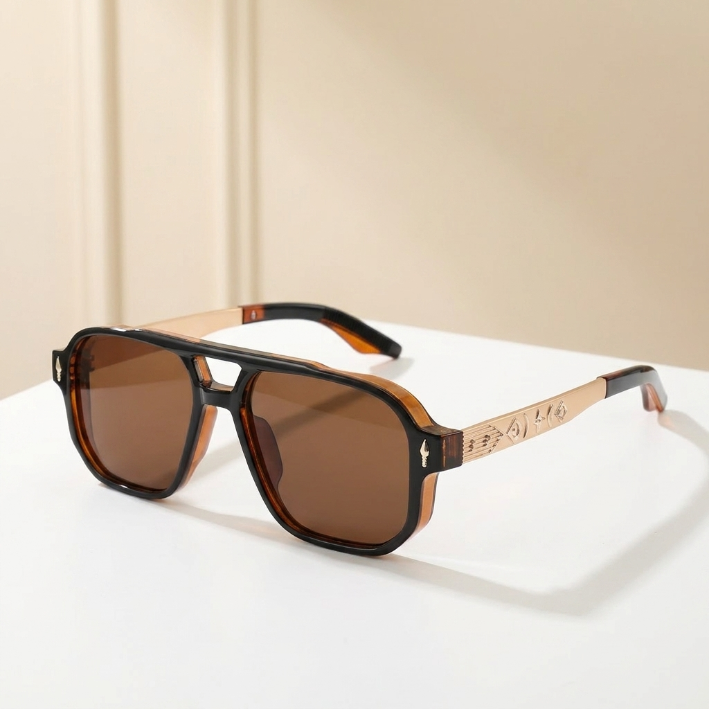OG Amber Navigator Luxe | Black & Translucent Amber Pilot Frame with Gold Signature Temples