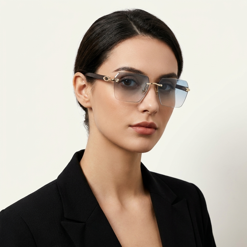 OG Arctic Phantom | Luxury Rimless Ice Blue Geometric Sunglasses with Gold Skull Temples