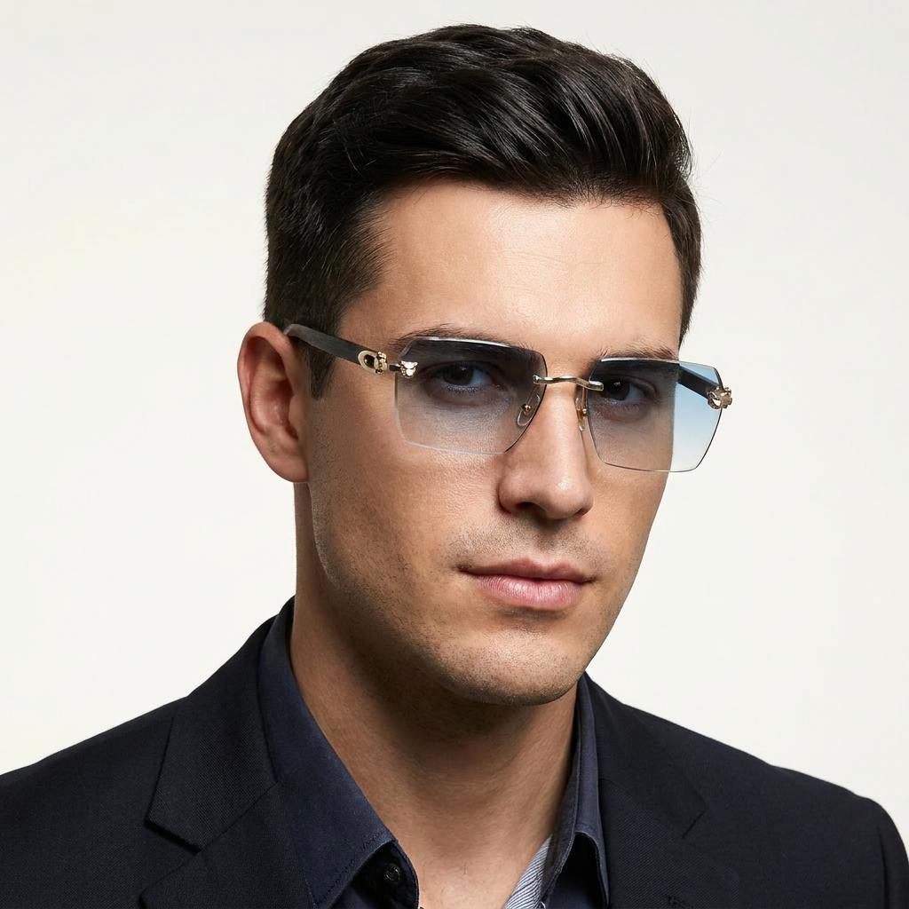 OG Arctic Phantom | Luxury Rimless Ice Blue Geometric Sunglasses with Gold Skull Temples