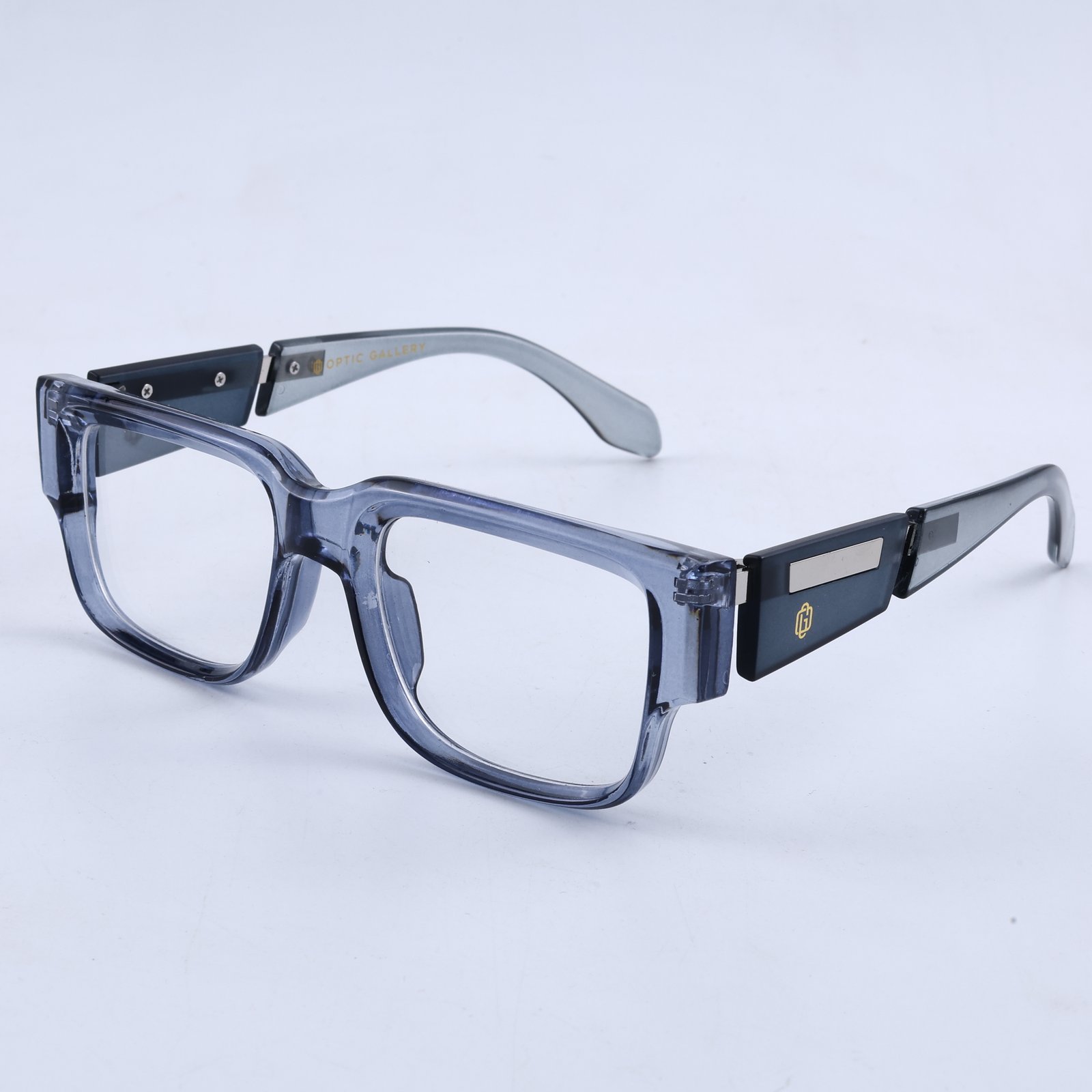 OG Arctic Smoke | Crystal Grey Statement Eyeglasses with Matte Navy Temples & Modern Metallic Detailing