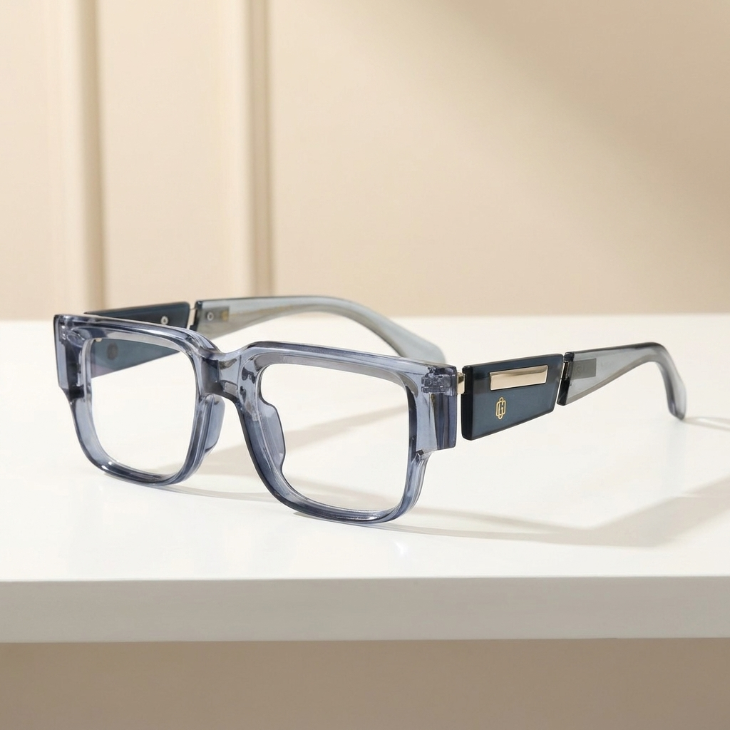 OG Arctic Smoke | Crystal Grey Statement Eyeglasses with Matte Navy Temples & Modern Metallic Detailing