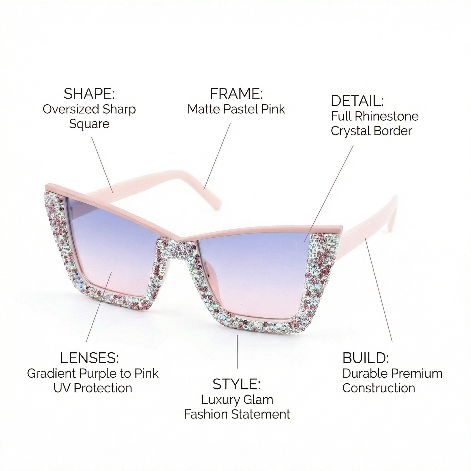 OG Blush Stardust Oversized Square Sunglasses | Crystal Embellished Luxury Gradient Shades for Women