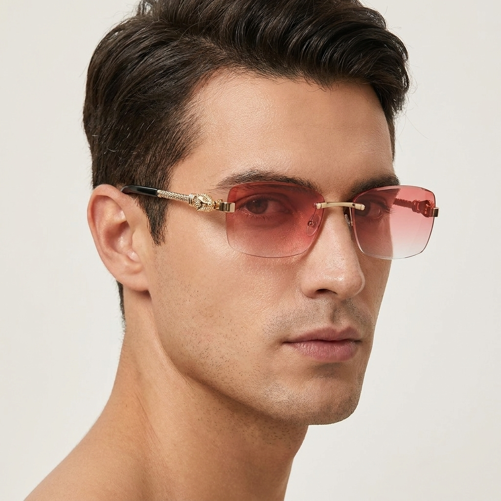 OG Crimson Crown | Luxury Rimless Ruby Gradient Sunglasses with Royal Lion Gold Temples