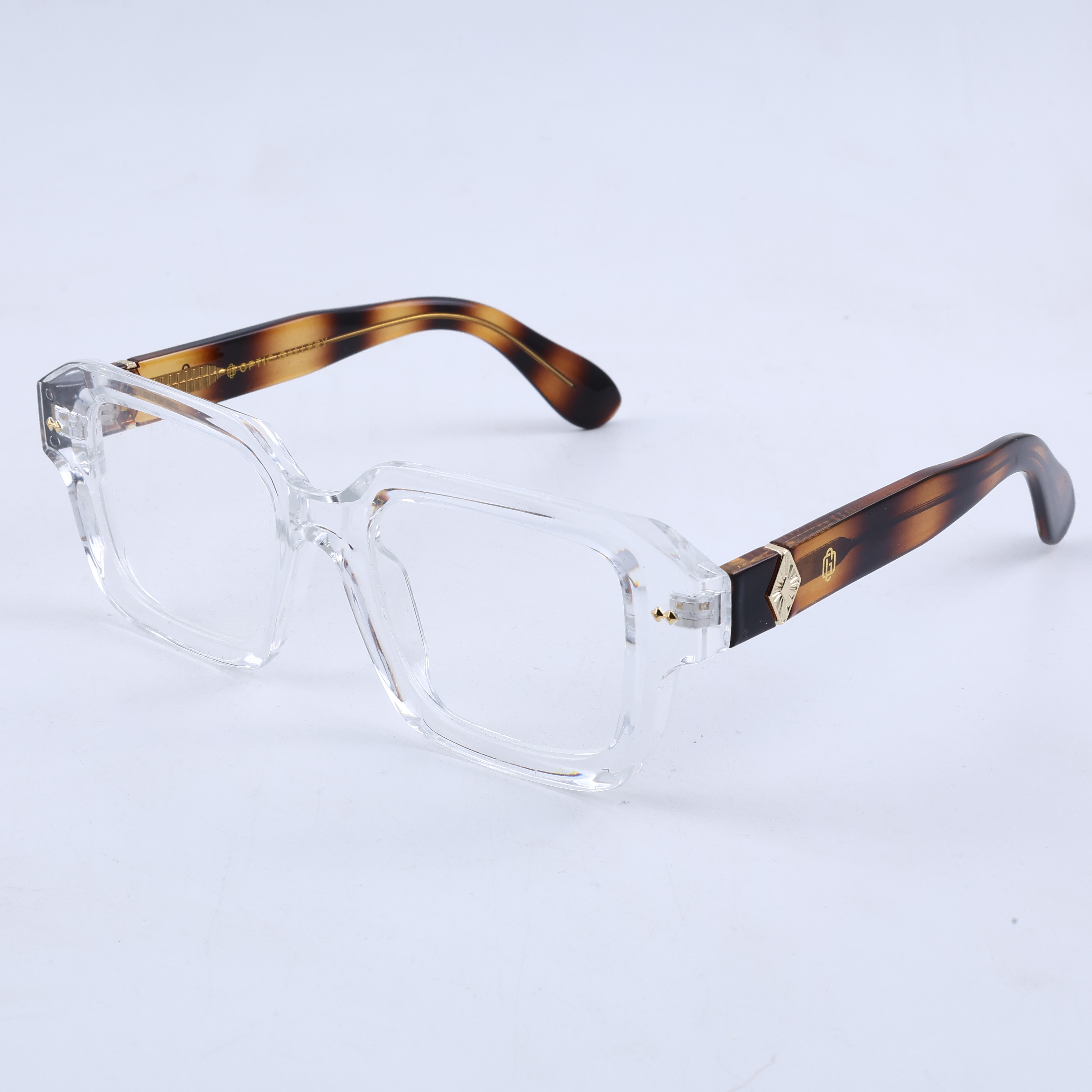 OG Crystal Havana | Transparent Square Eyeglasses with Tortoise Temples & Gold Accents