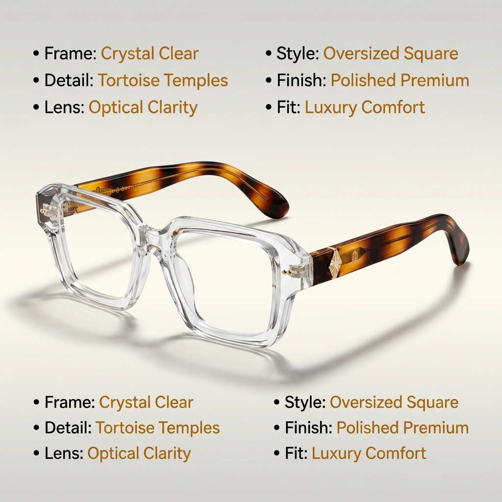 OG Crystal Havana | Transparent Square Eyeglasses with Tortoise Temples & Gold Accents