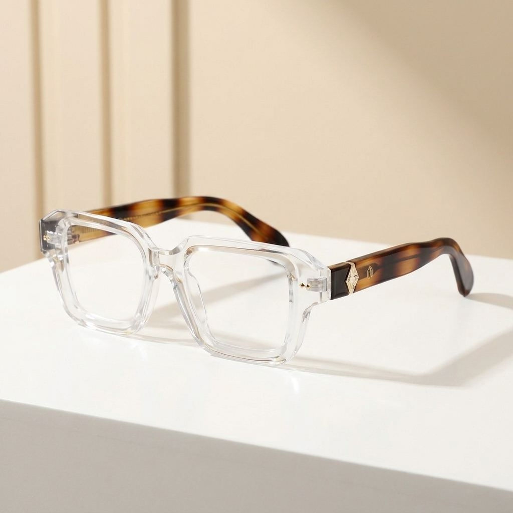 OG Crystal Havana | Transparent Square Eyeglasses with Tortoise Temples & Gold Accents