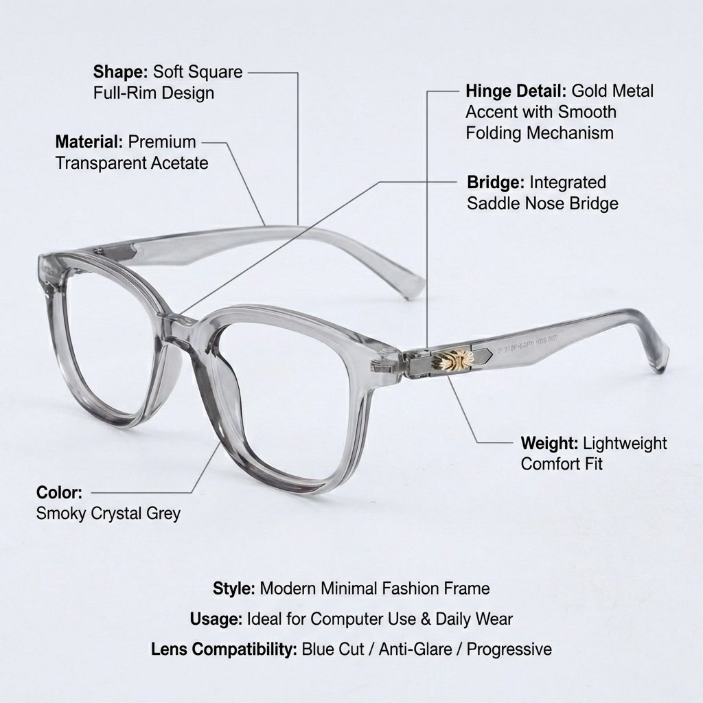 OG Crystal Luxe Full Rim Square Eyeglasses | Premium Transparent Grey Designer Optical Frame for Women
