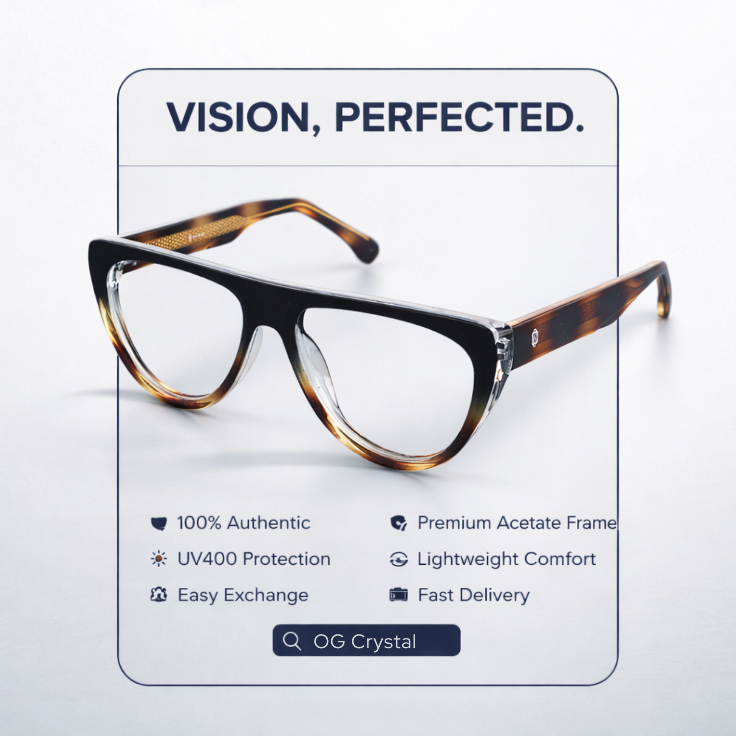 OG Crystal Men’s Full Rim Square Eyeglasses | Stylish Square Optical Frame in Blue Grey, Transparent & Yellow-Black