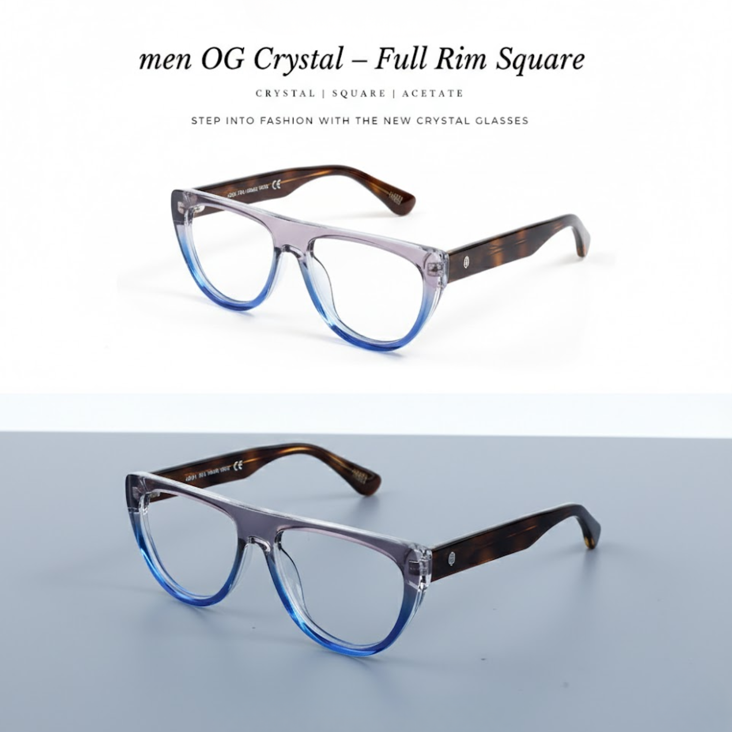 OG Crystal Men’s Full Rim Square Eyeglasses | Stylish Square Optical Frame in Blue Grey, Transparent & Yellow-Black