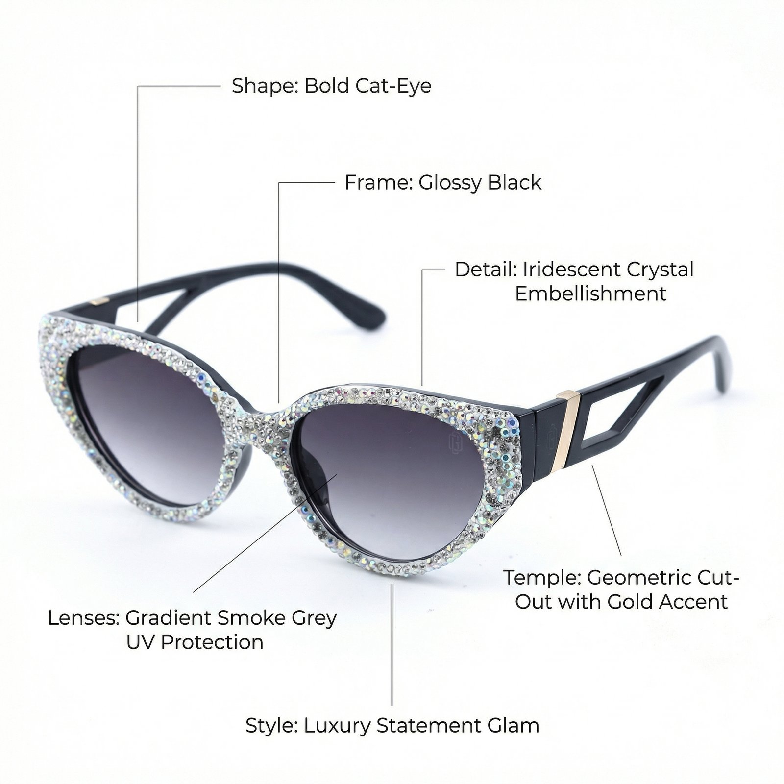 OG Crystal Noir Cat-Eye Sunglasses | Diamond-Studded Luxury Black Statement Shades for Women