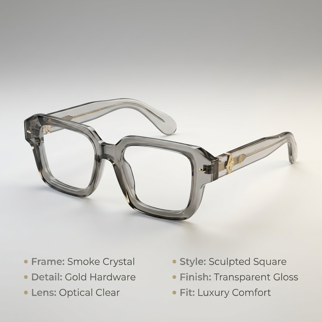 OG Crystal Smoke | Transparent Grey Luxury Eyeglasses with Signature Gold Detailing & Premium Sculpted Frame