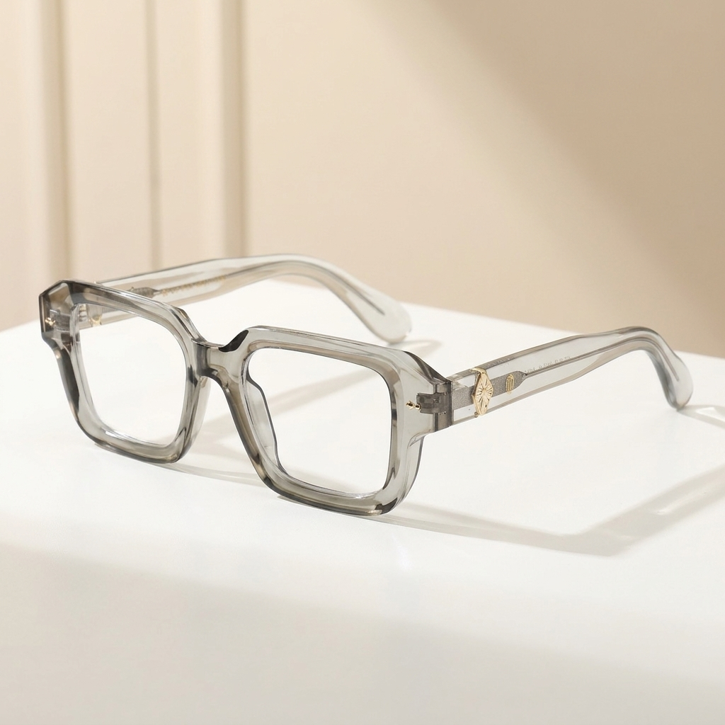 OG Crystal Smoke | Transparent Grey Luxury Eyeglasses with Signature Gold Detailing & Premium Sculpted Frame