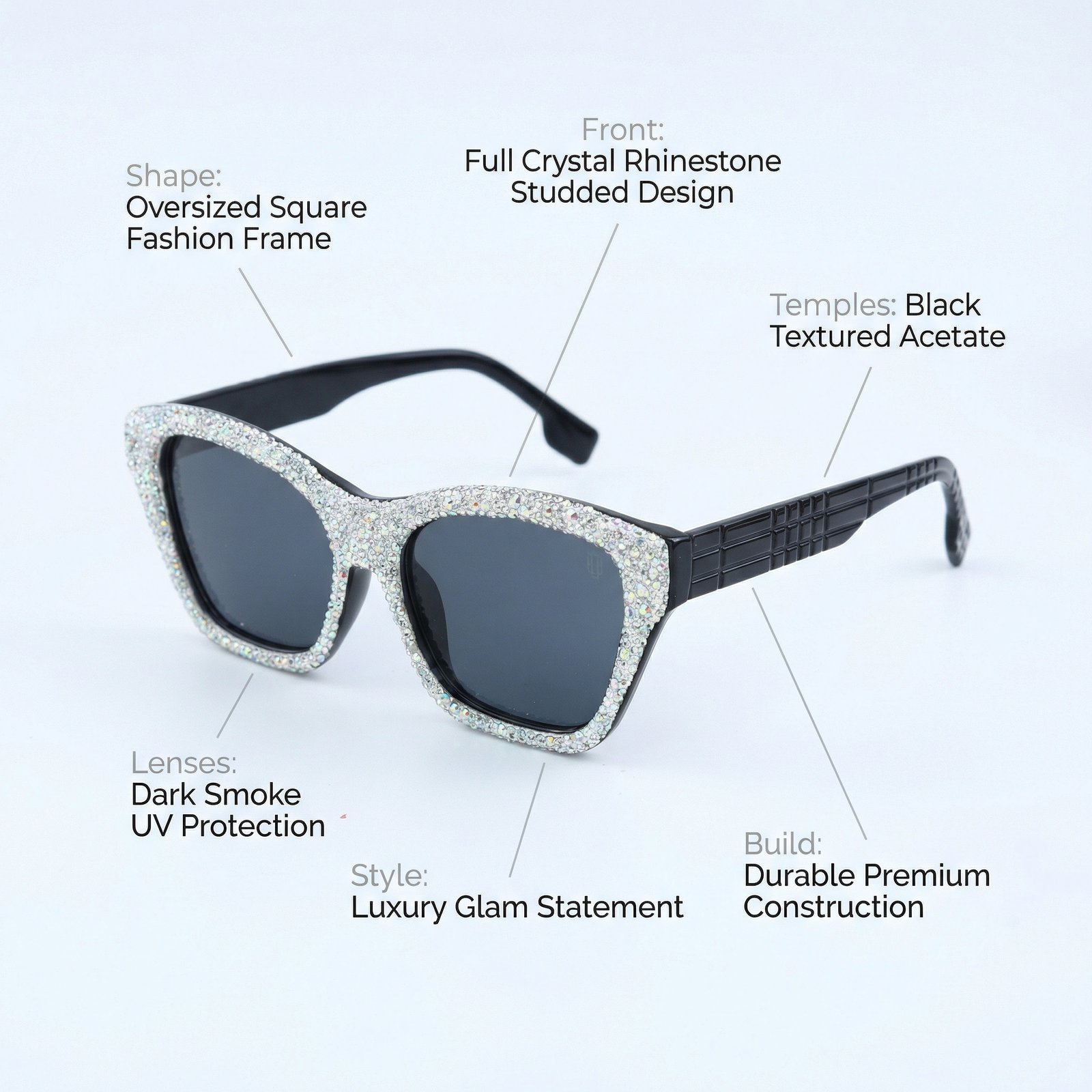 OG Diamond Diva Full Rim Cat-Eye Sunglasses | Crystal Studded Glam Black Party Shades for Women