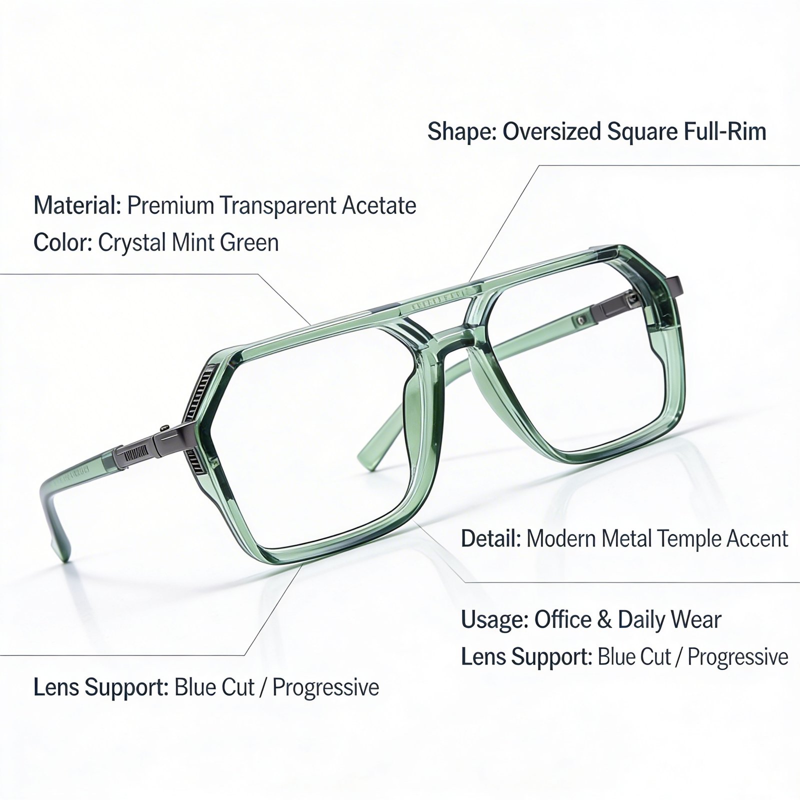 OG Emerald Edge Full Rim Square Eyeglasses | Transparent Premium Bold Optical Frame for Men