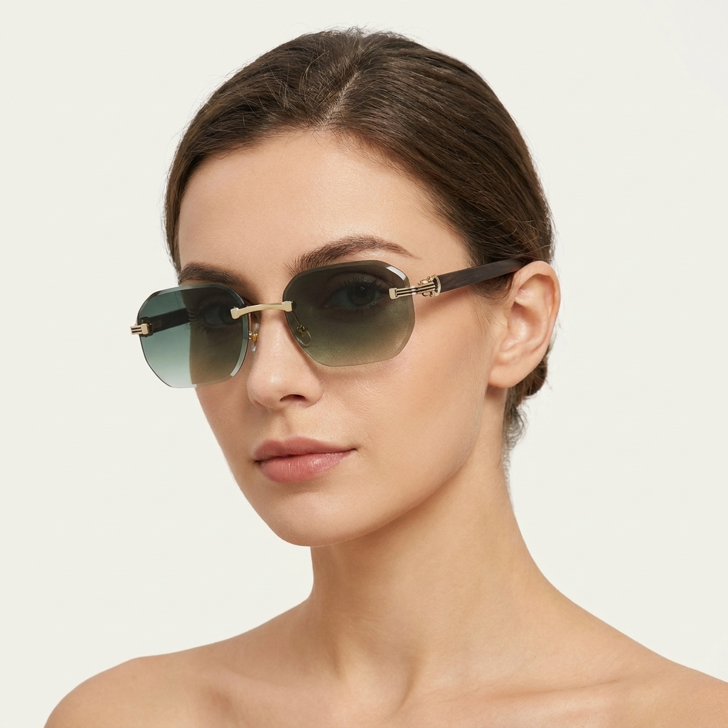 OG Emerald Sovereign | Luxury Rimless Forest Green Geometric Sunglasses with Gold Signature Temples