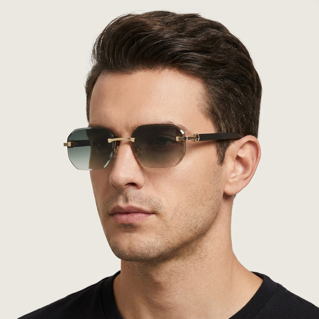 OG Emerald Sovereign | Luxury Rimless Forest Green Geometric Sunglasses with Gold Signature Temples