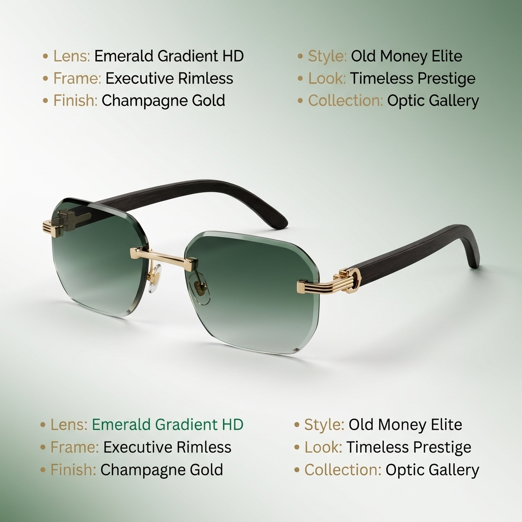 OG Emerald Sovereign | Luxury Rimless Forest Green Geometric Sunglasses with Gold Signature Temples