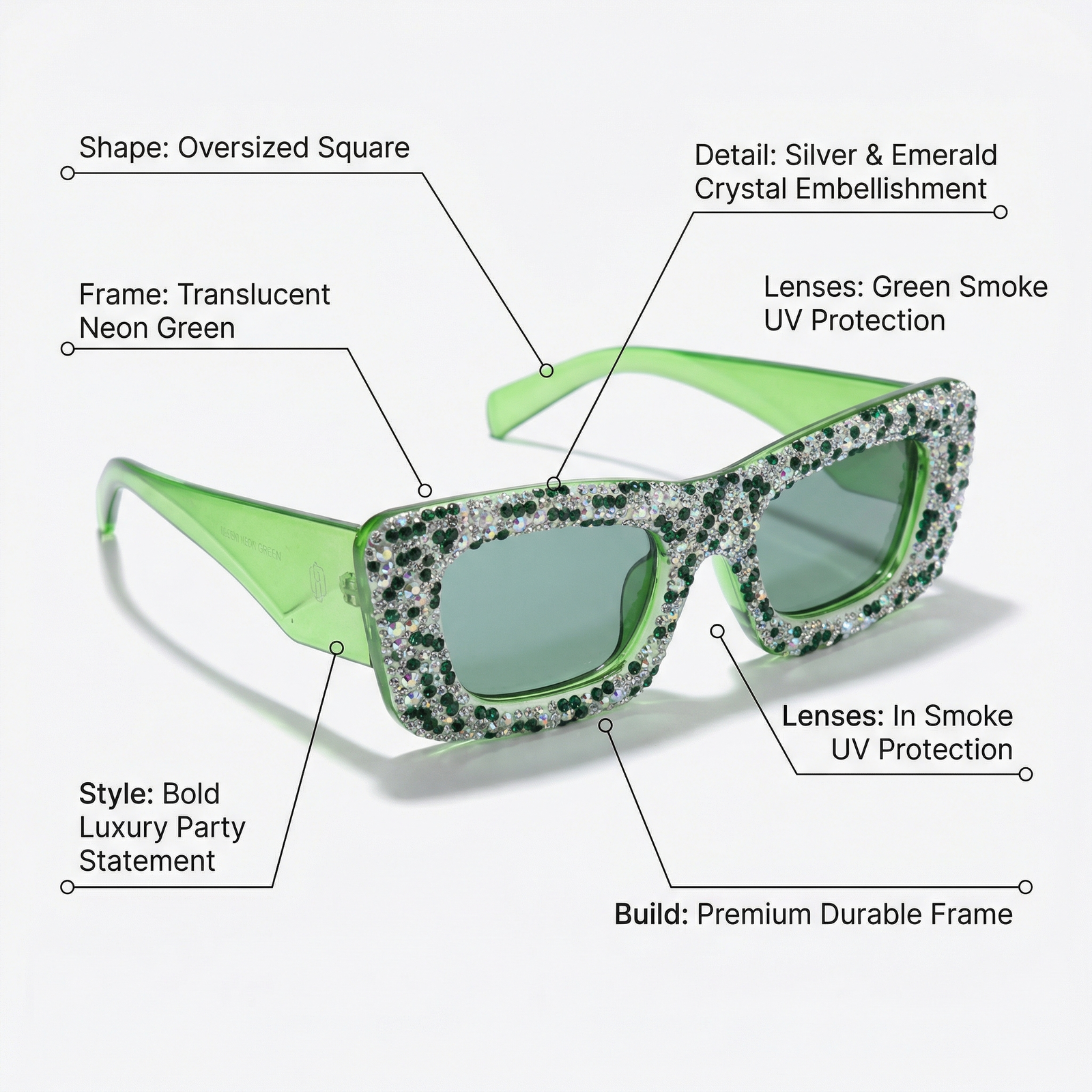 OG Emerald Spark Square Sunglasses | Green Crystal-Studded Luxury Statement Shades for Women