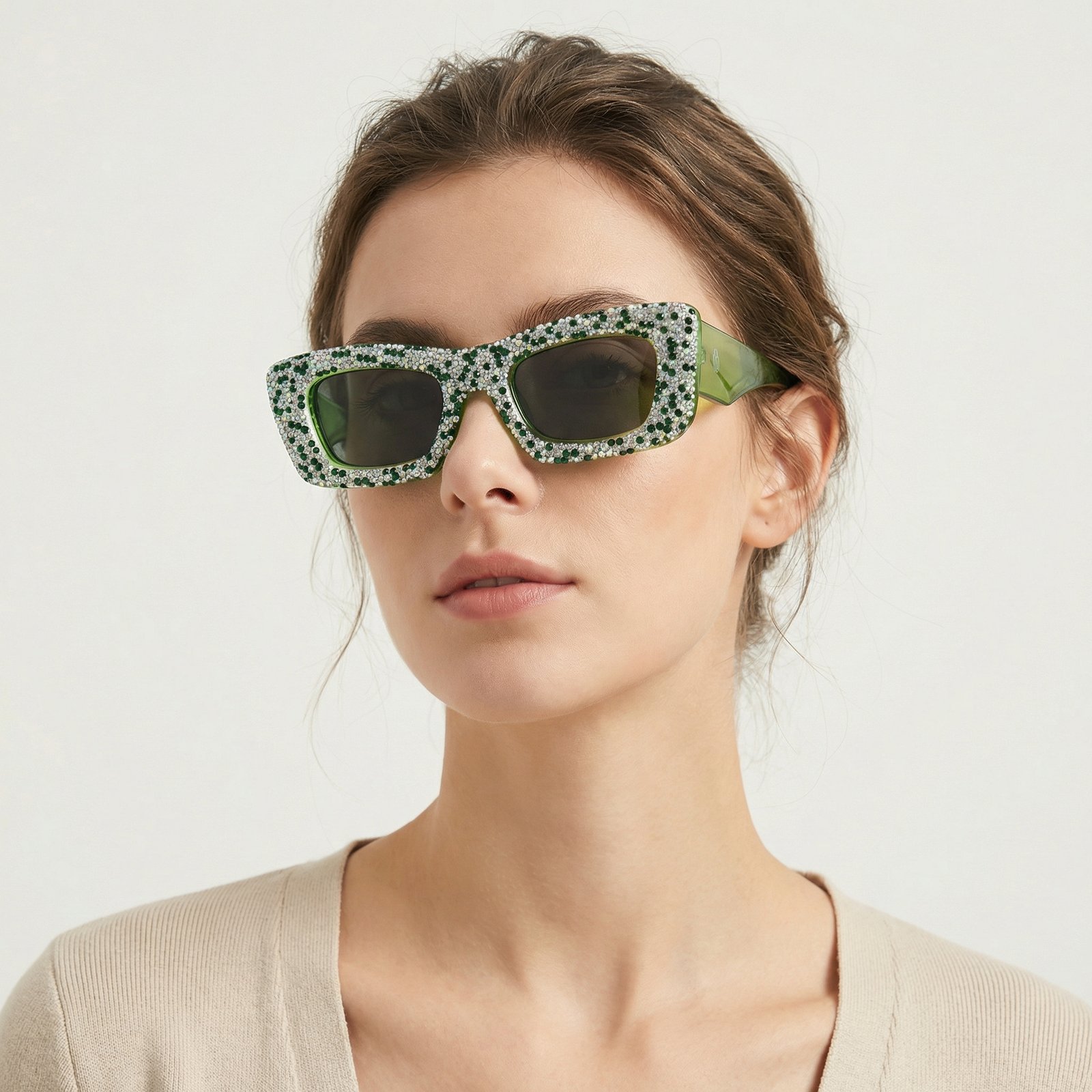 OG Emerald Spark Square Sunglasses | Green Crystal-Studded Luxury Statement Shades for Women