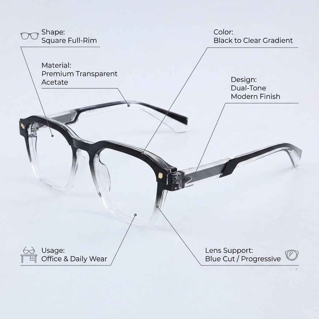 OG Frost Fade Full Rim Square Eyeglasses | Premium Dual-Tone Transparent Optical Frame for Men