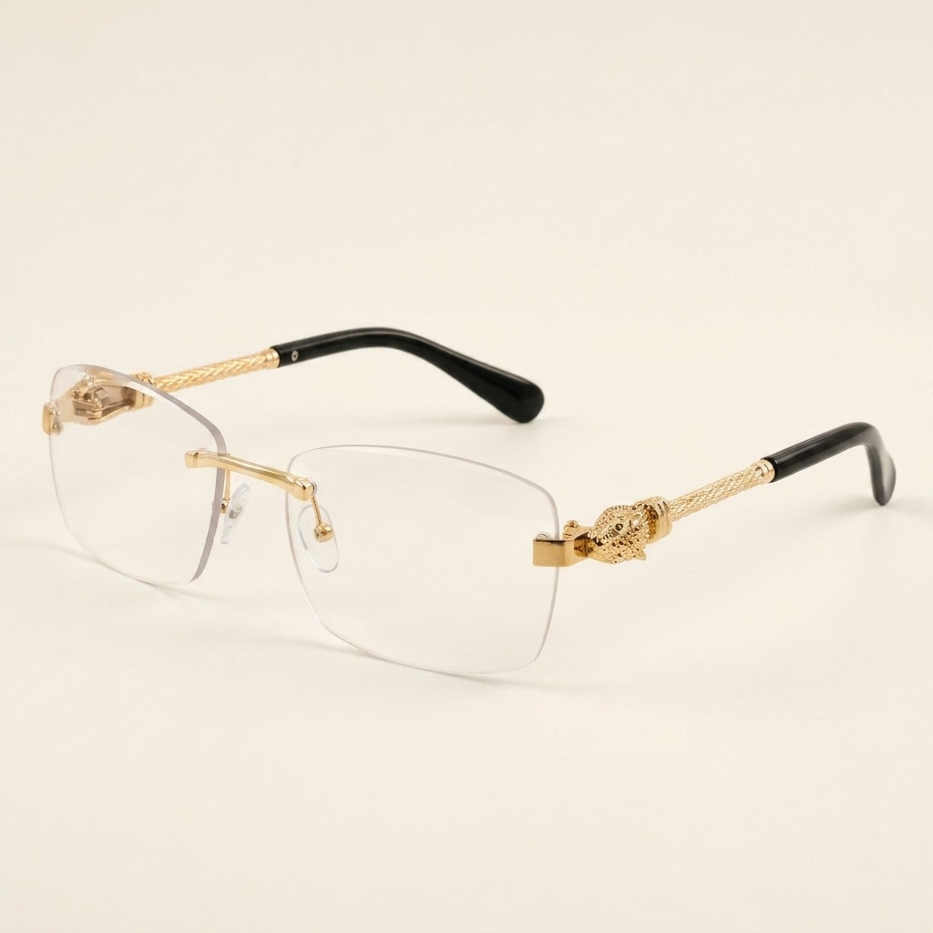 OG Golden Dynasty | Luxury Rimless Gold Rectangular Eyeglasses with Royal Lion Temples