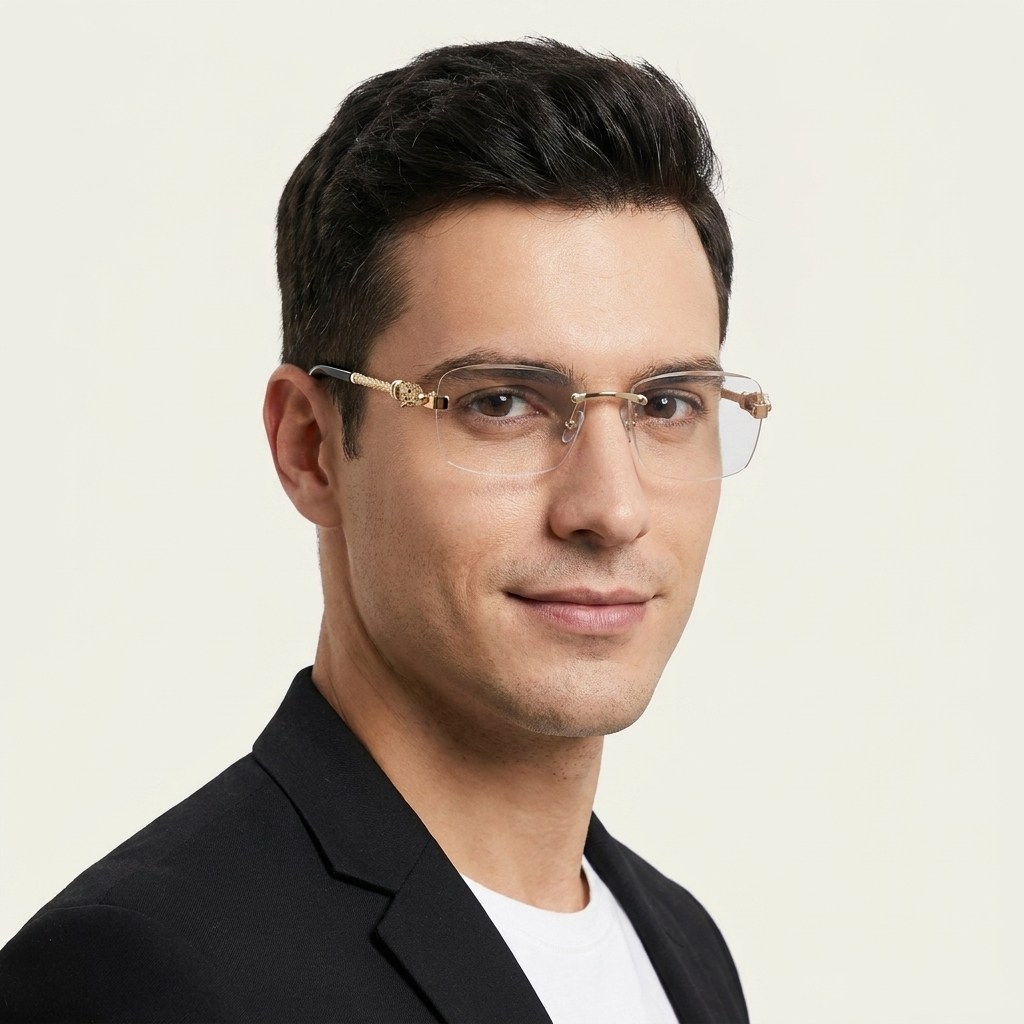 OG Golden Dynasty | Luxury Rimless Gold Rectangular Eyeglasses with Royal Lion Temples
