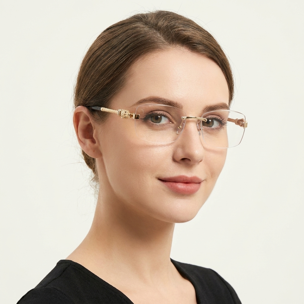 OG Golden Dynasty | Luxury Rimless Gold Rectangular Eyeglasses with Royal Lion Temples