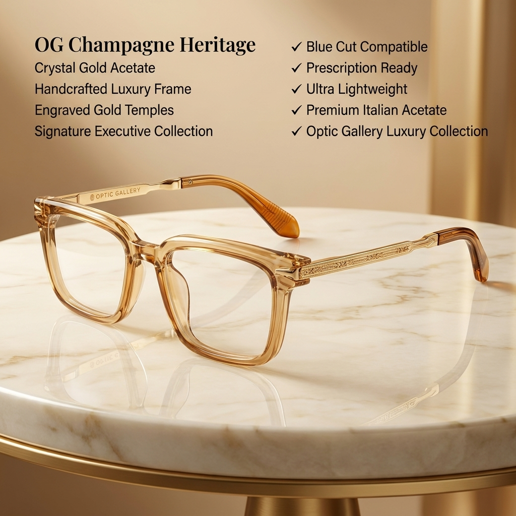 OG Golden Heir | Luxury Crystal Champagne Square Eyeglasses with Imperial Gold Temples