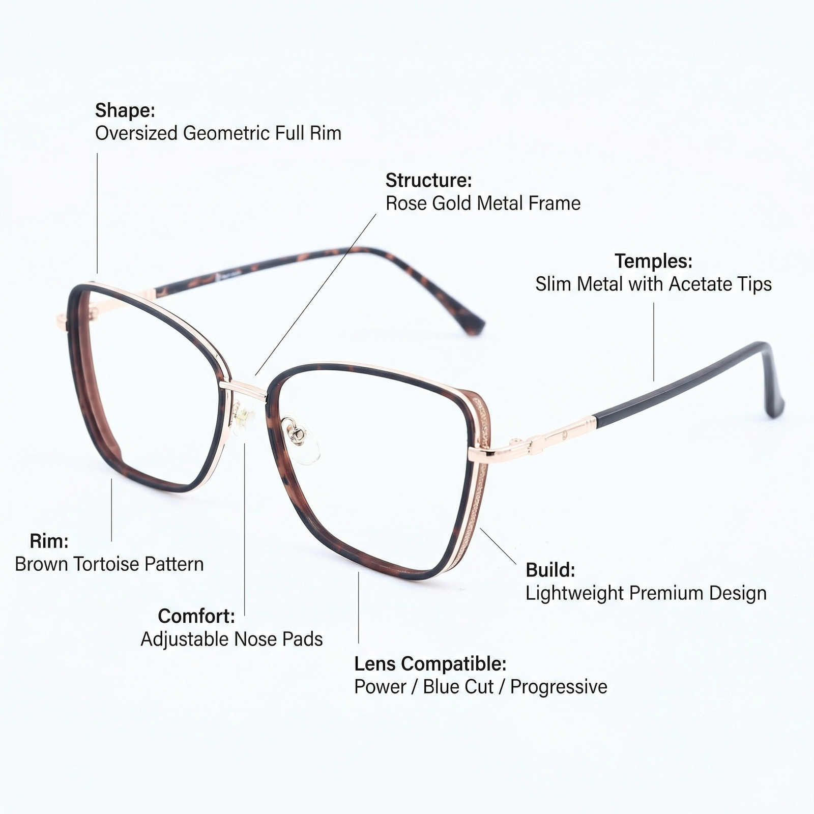 OG Golden Mist Full Rim Square Eyeglasses | Slim Transparent Champagne Frame with Metal Temples for Women