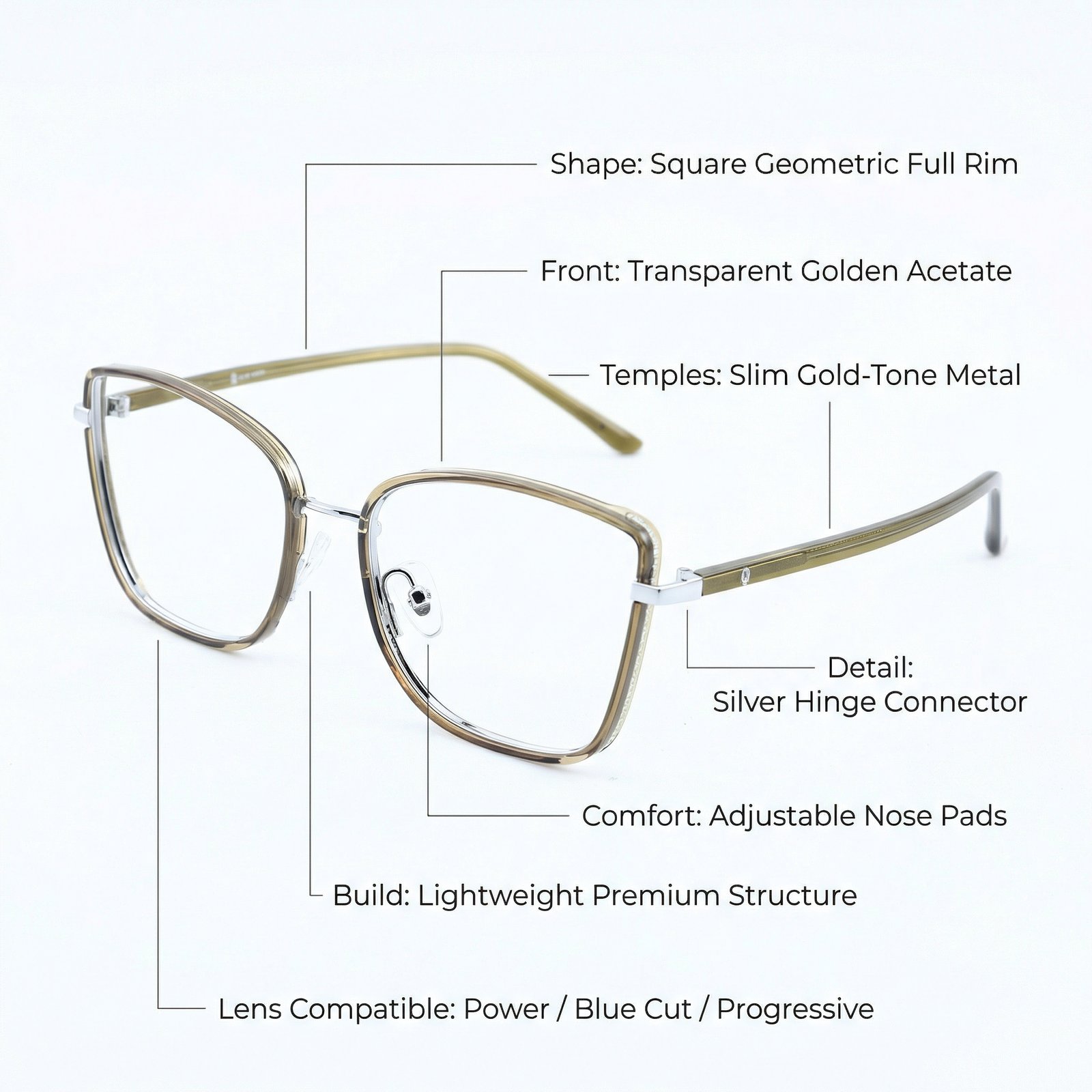 OG Golden Mist Full Rim Square Eyeglasses | Slim Transparent Champagne Frame with Metal Temples for Women