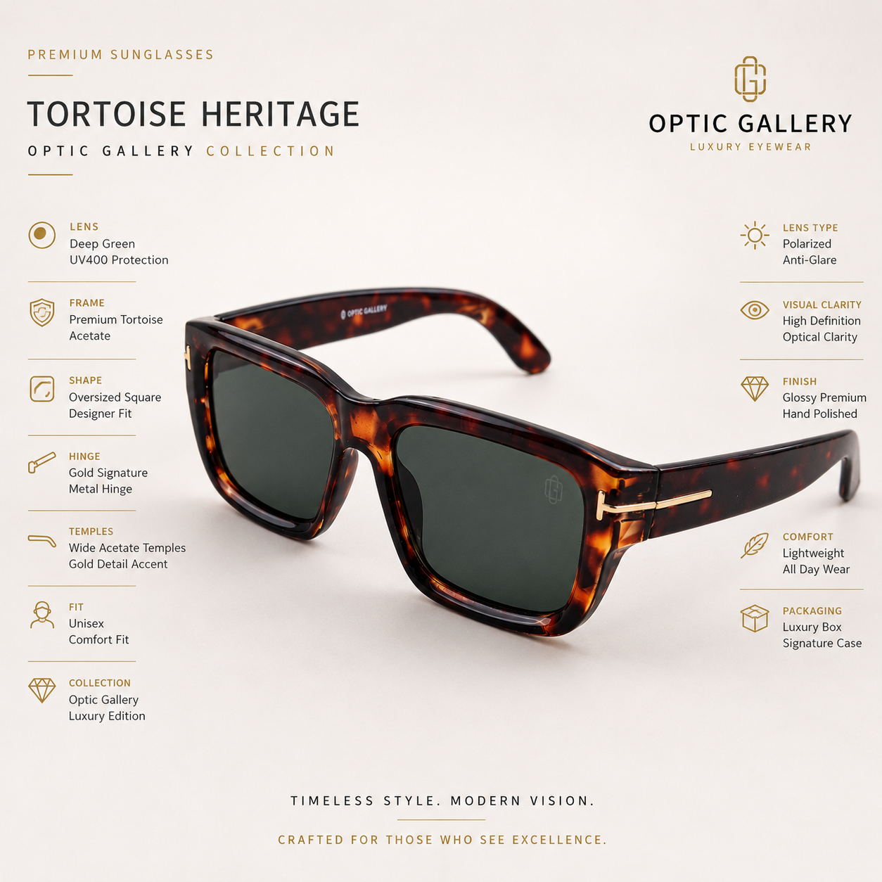 OG Havana Regent | Luxury Tortoise Square Sunglasses with Forest Green Lenses