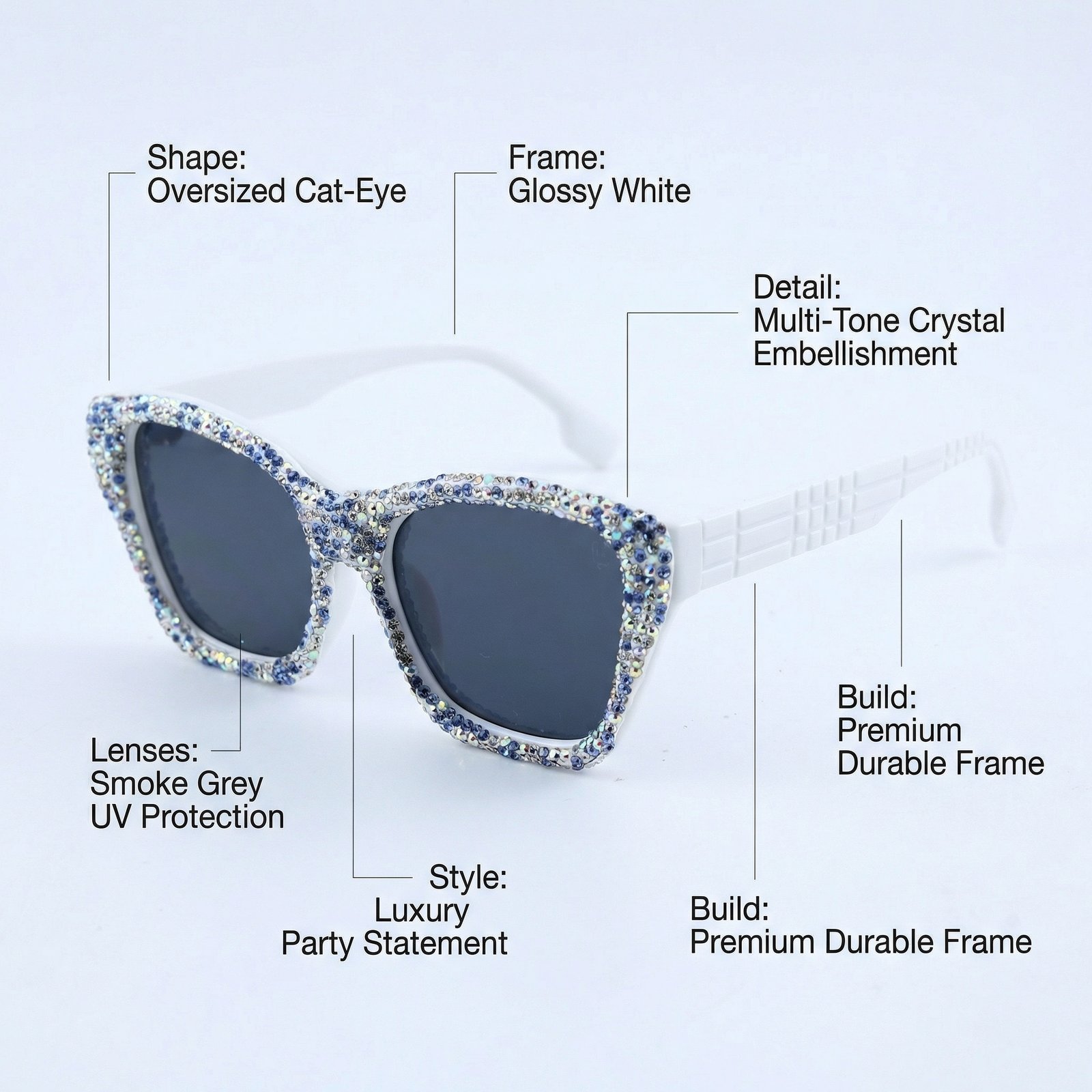 OG Ice Queen Crystal Square Sunglasses | White Frame Diamond-Studded Luxury Statement Shades for Women